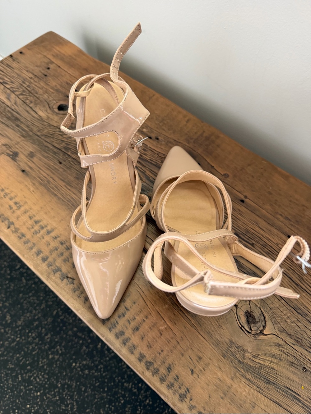 Chinese Laundry Patent Pointed-Toe Strappy Heels in Nude